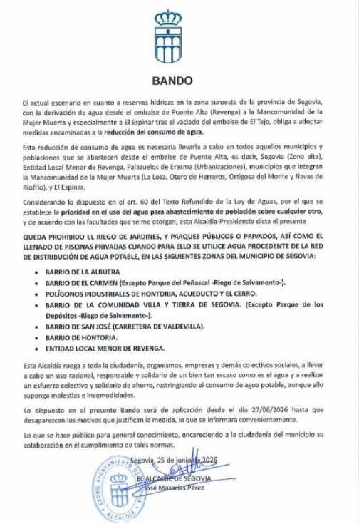 Segovia restringe el riego y el llenado de piscinas por la escasez de agua en el embalse de Puente Alta