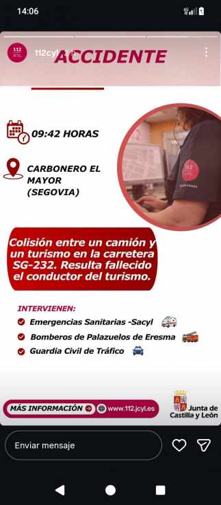 Muere un hombre de 65 años en un accidente entre un camión y un turismo en la SG-232, en Carbonero El Mayor