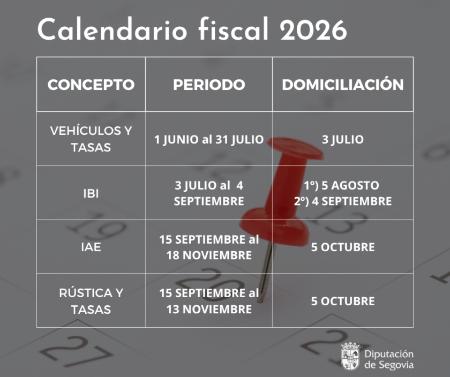 La Diputación de Segovia publica el calendario fiscal de 2026: fechas y plazos clave