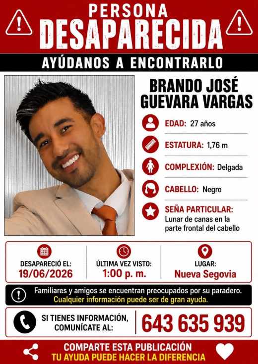 Buscan a Brando José Guevara Vargas, desaparecido en Nueva Segovia desde el 19 de junio